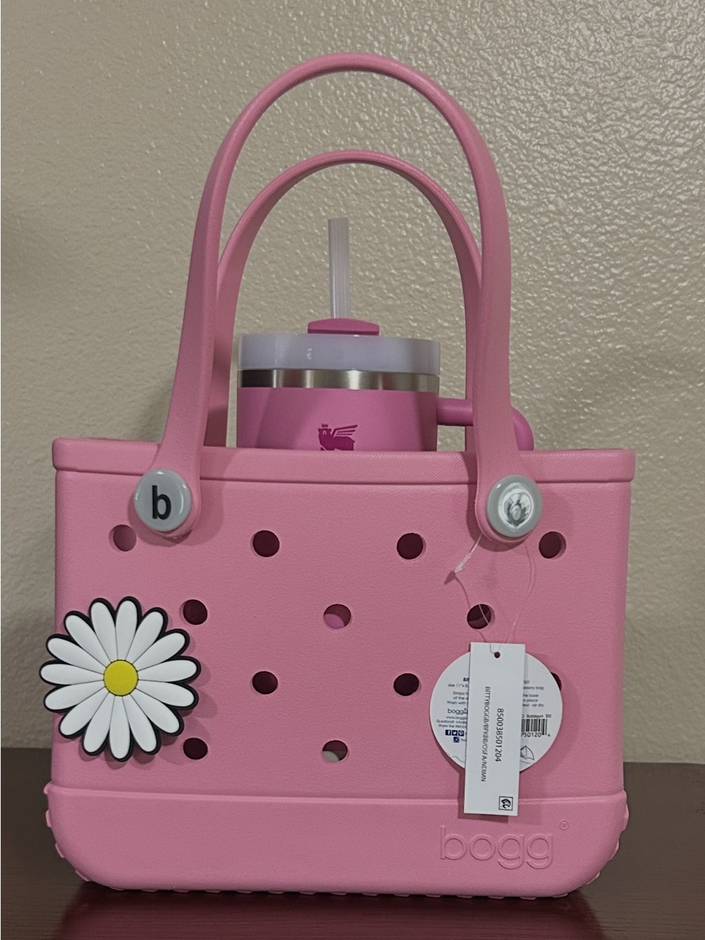 Small BOGG BAG Pink Tote with Daisy Charm and 40 oz Stanley Tumbler